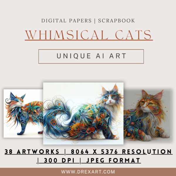 38 Whimsical Cats - Cats Printable Half Papers - Cats Junk Journal